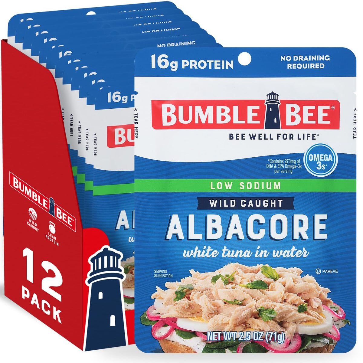 Bumble Bee low-sodium albacore tuna water pouch on shelf, convenient protein source.