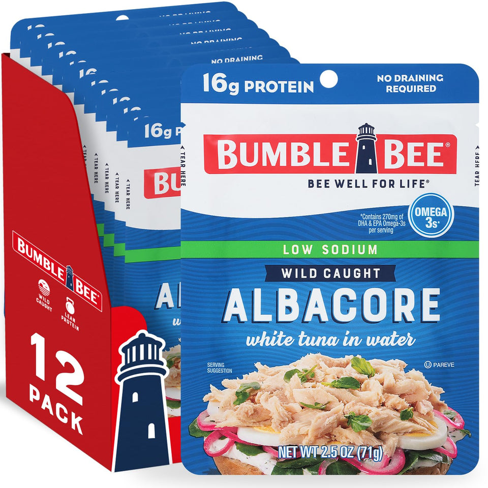 Bumble Bee low-sodium albacore tuna water pouch on shelf, convenient protein source.