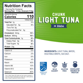 MSC-certified wild caught tuna signaling sustainable sourcing and safety.