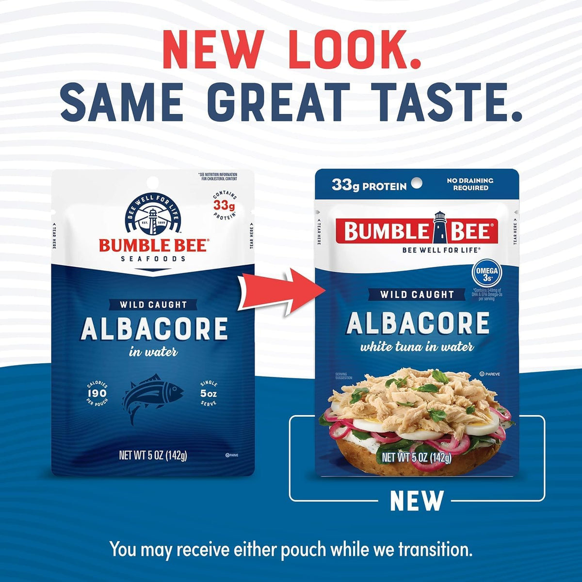 Bumble Bee tuna in water pouch, convenient source of DHA and EPA omega-3s.