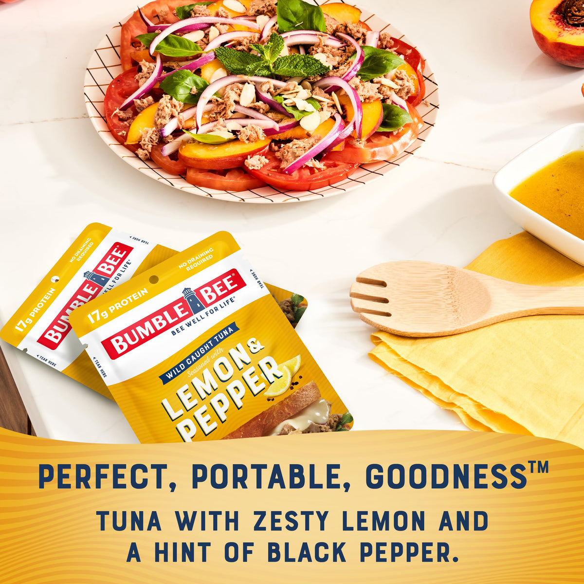 Bumble Bee pack of 12 tuna pouches for pantry-friendly snacking.