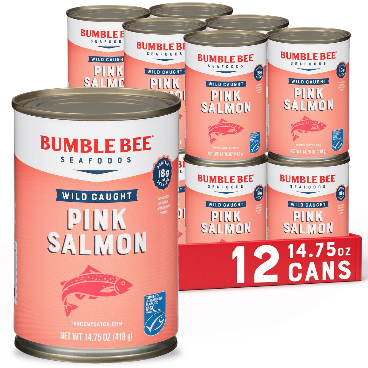 Bumble Bee pink salmon can on shelf for quick, protein-packed meals.