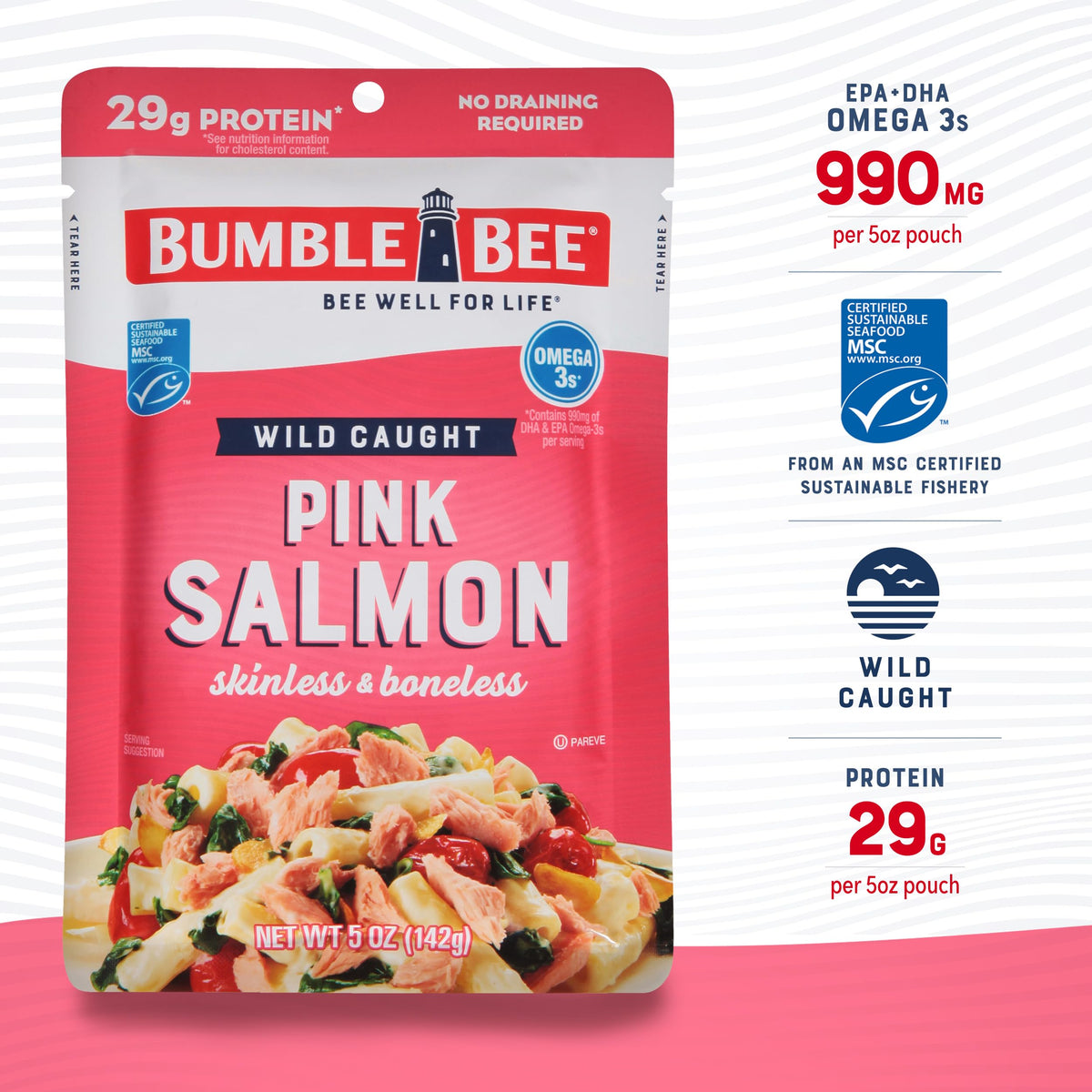 Bumble Bee salmon pouch enhances salads with protein.