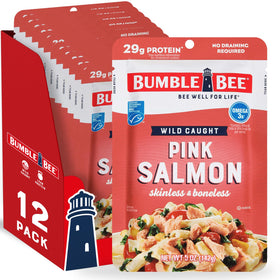 Bumble Bee pink salmon skinless and boneless in a pouch, ready to eat.