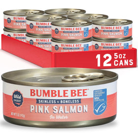 Bumble Bee pink salmon in water can close-up, ideal for sandwiches and light meals.