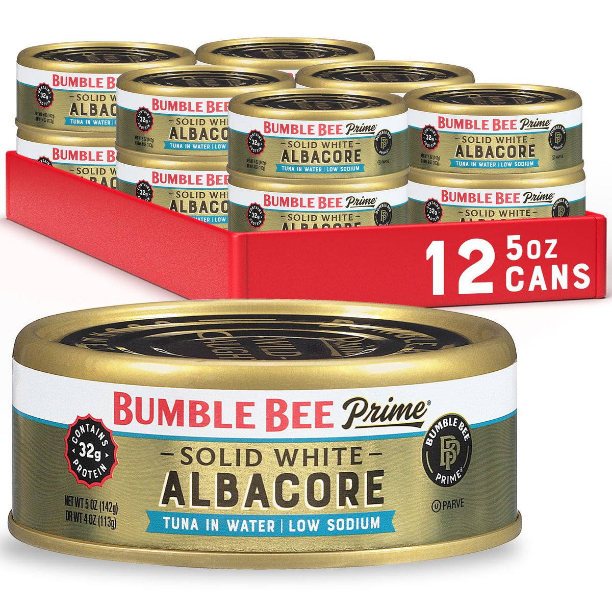 Bumble Bee Prime low-sodium albacore tuna in water can, premium protein option for quick lunches.