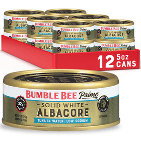 Bumble Bee Prime low-sodium albacore tuna in water can, premium protein option for quick lunches.