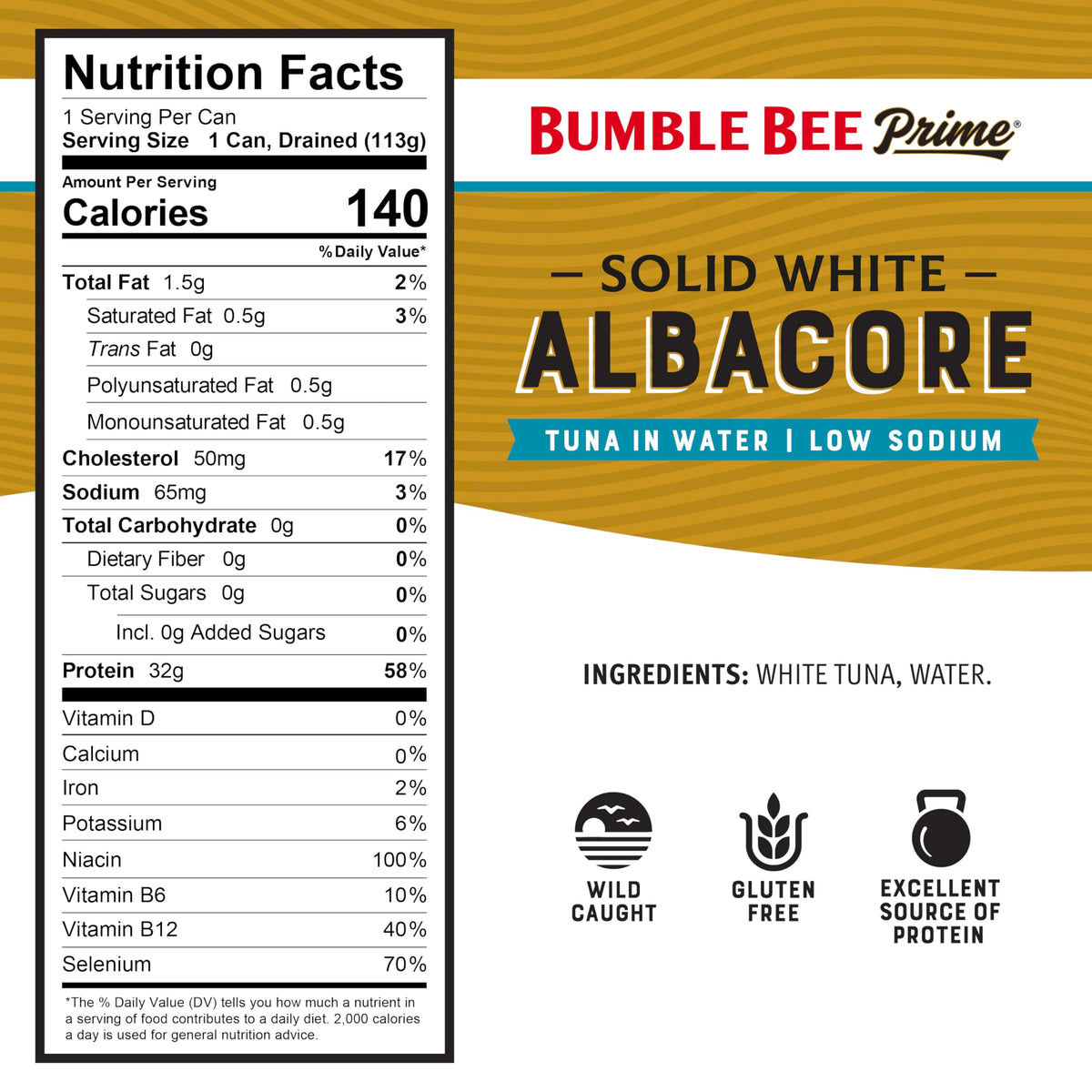 Bumble Bee Prime solid white albacore close-up, tender texture for sandwiches.