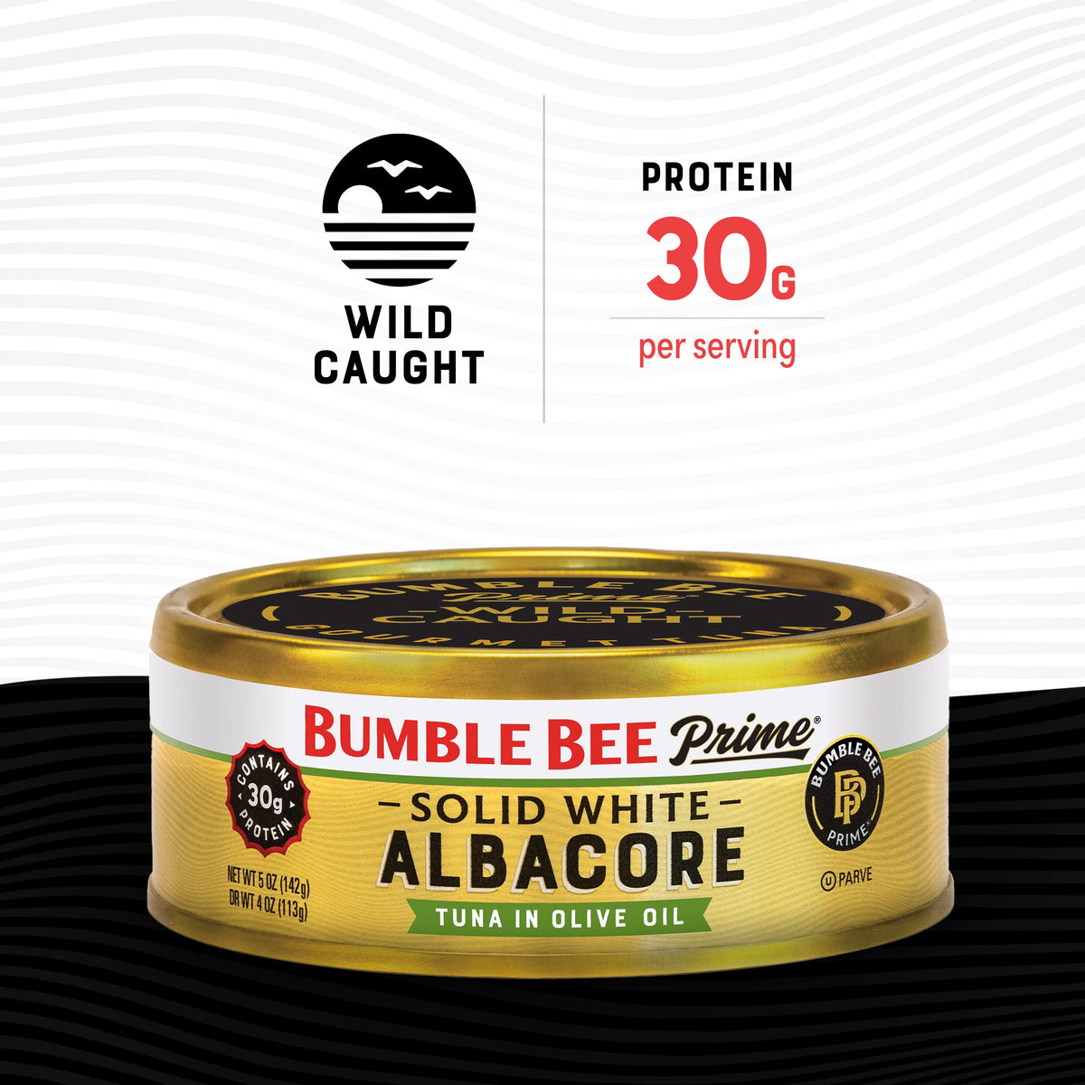 Bumble Bee Prime solid white albacore tuna olive oil can back label with nutrition details.