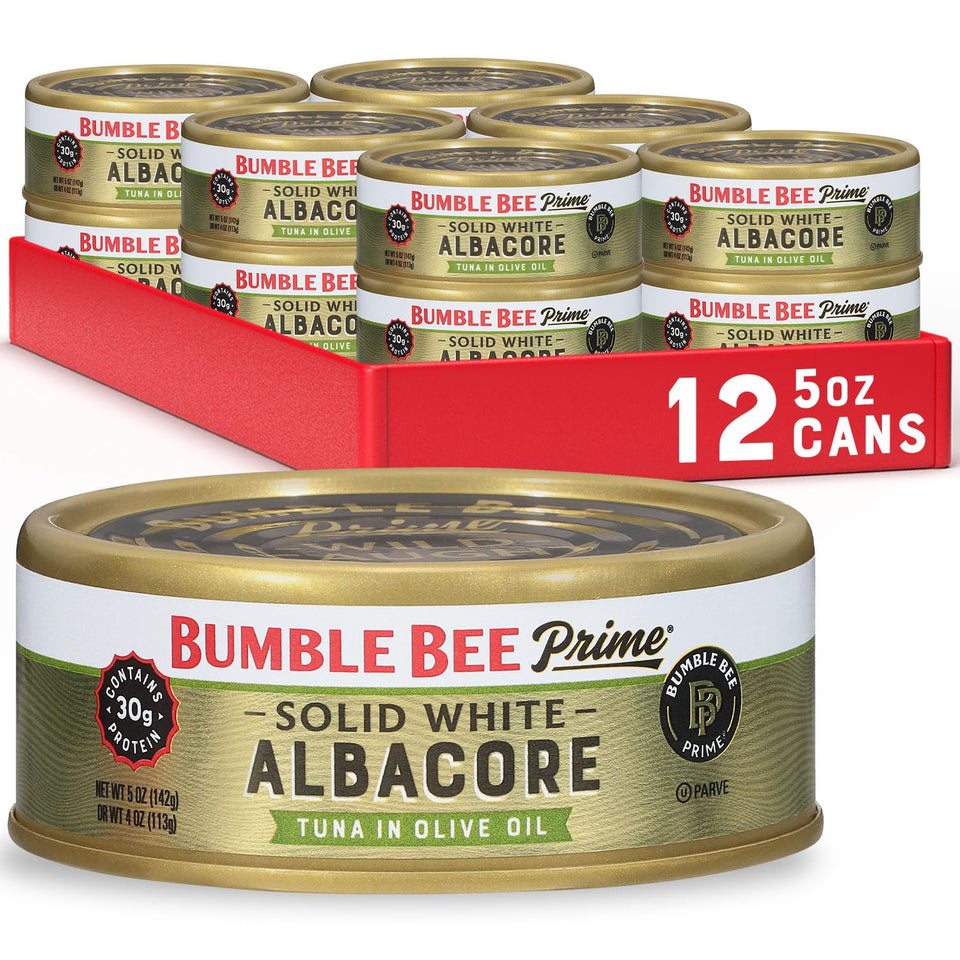 Bumble Bee Prime solid white albacore tuna in olive oil can front, premium protein at a glance.
