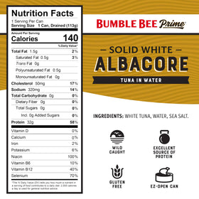 Bumble Bee Prime solid white albacore in water can — gluten-free protein source.