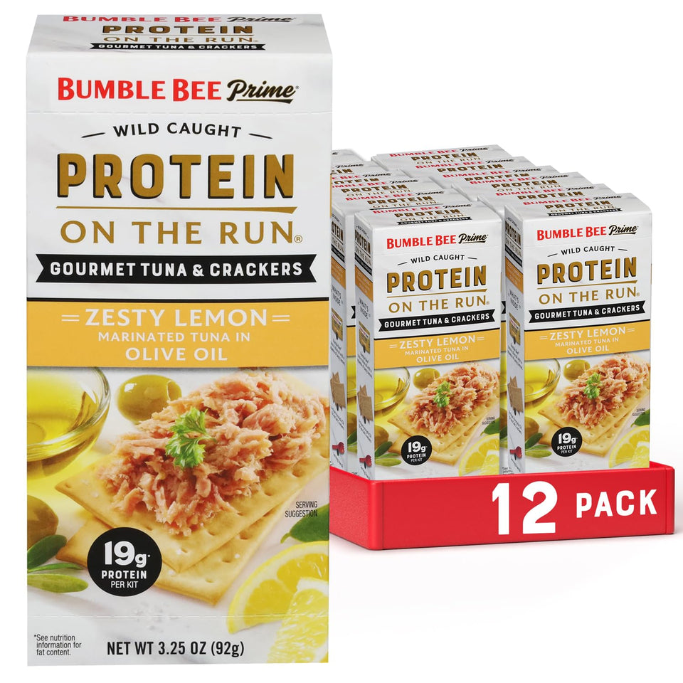 Bumble Bee Prime Tuna on the Run Kit can with olive oil and lemon, protein-packed snack.
