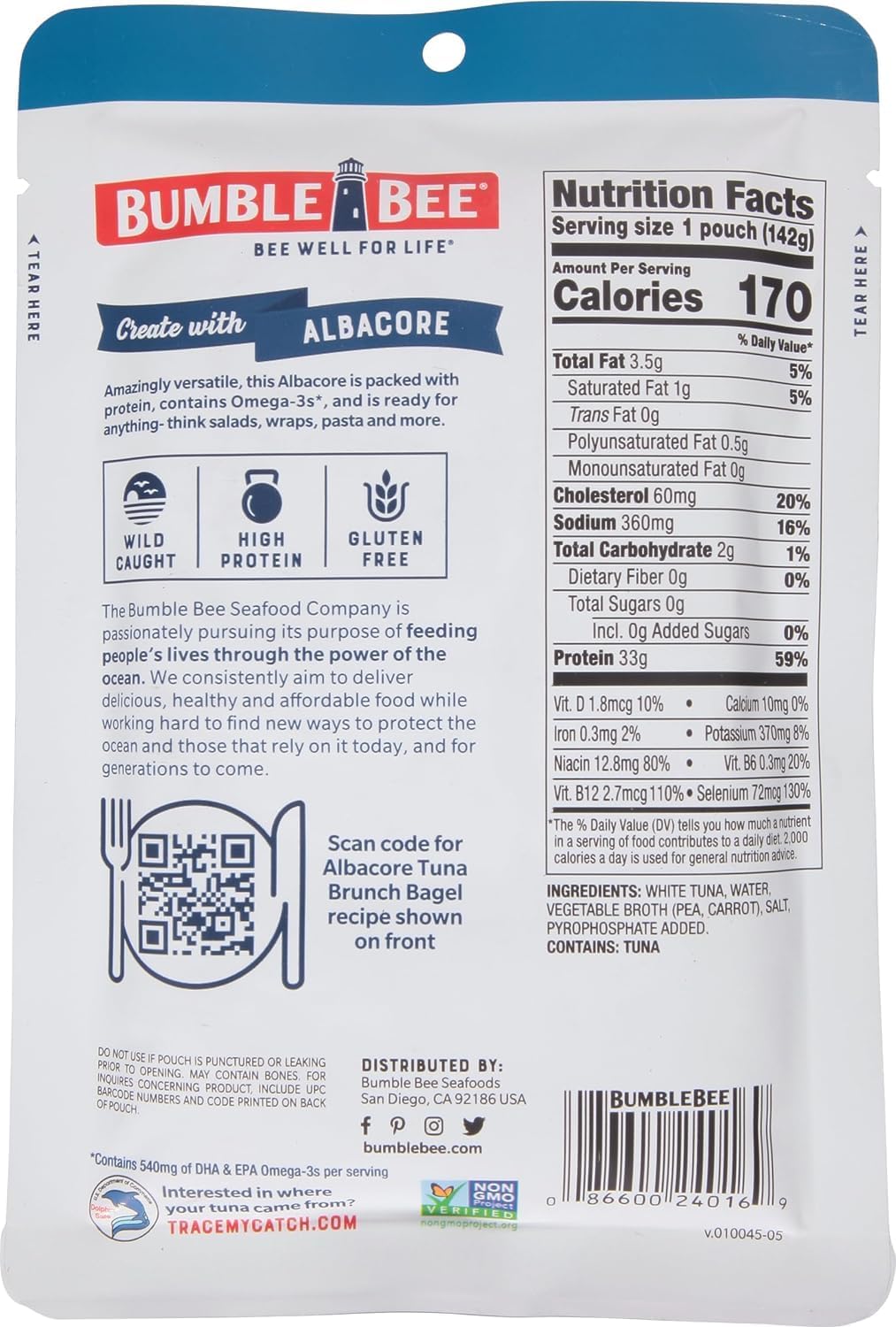 Bumble Bee protein-rich tuna per pouch, 33g protein for quick lunches.