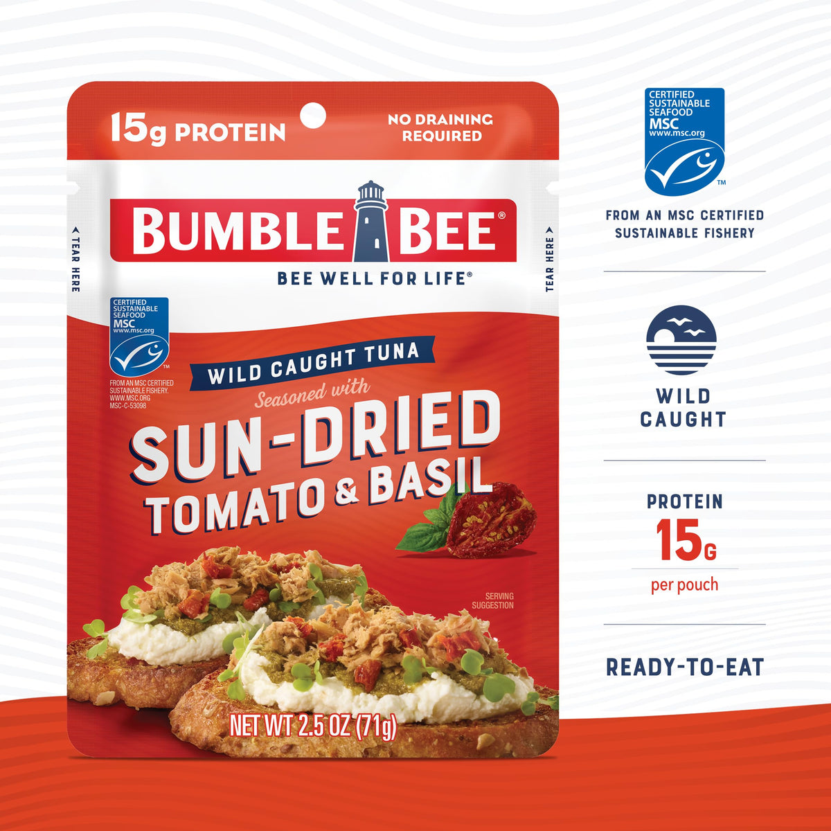 Bumble Bee ready-to-eat tuna pouch for easy, on-the-go lunch.