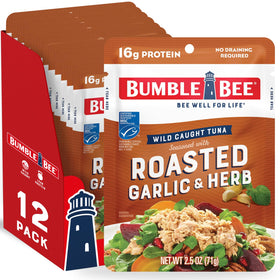 Bumble Bee Roasted Garlic & Herb Tuna Pouch on shelf showing convenient packaging and flavor focus