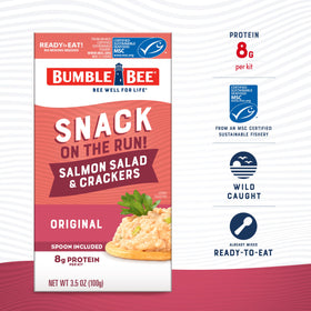 Bumble Bee salmon salad with crackers kit for an easy, ready-to-eat lunch.