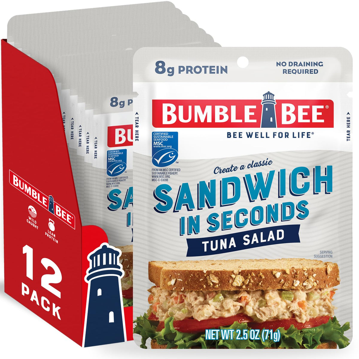 Bumble Bee Sandwich in Seconds tuna salad packaging with 12 pouches for pantry-friendly meals