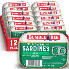 Bumble Bee sardines in oil pack showing a 12-tin supply for easy pantry meals