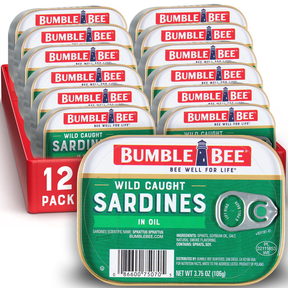 Bumble Bee sardines in oil pack showing a 12-tin supply for easy pantry meals
