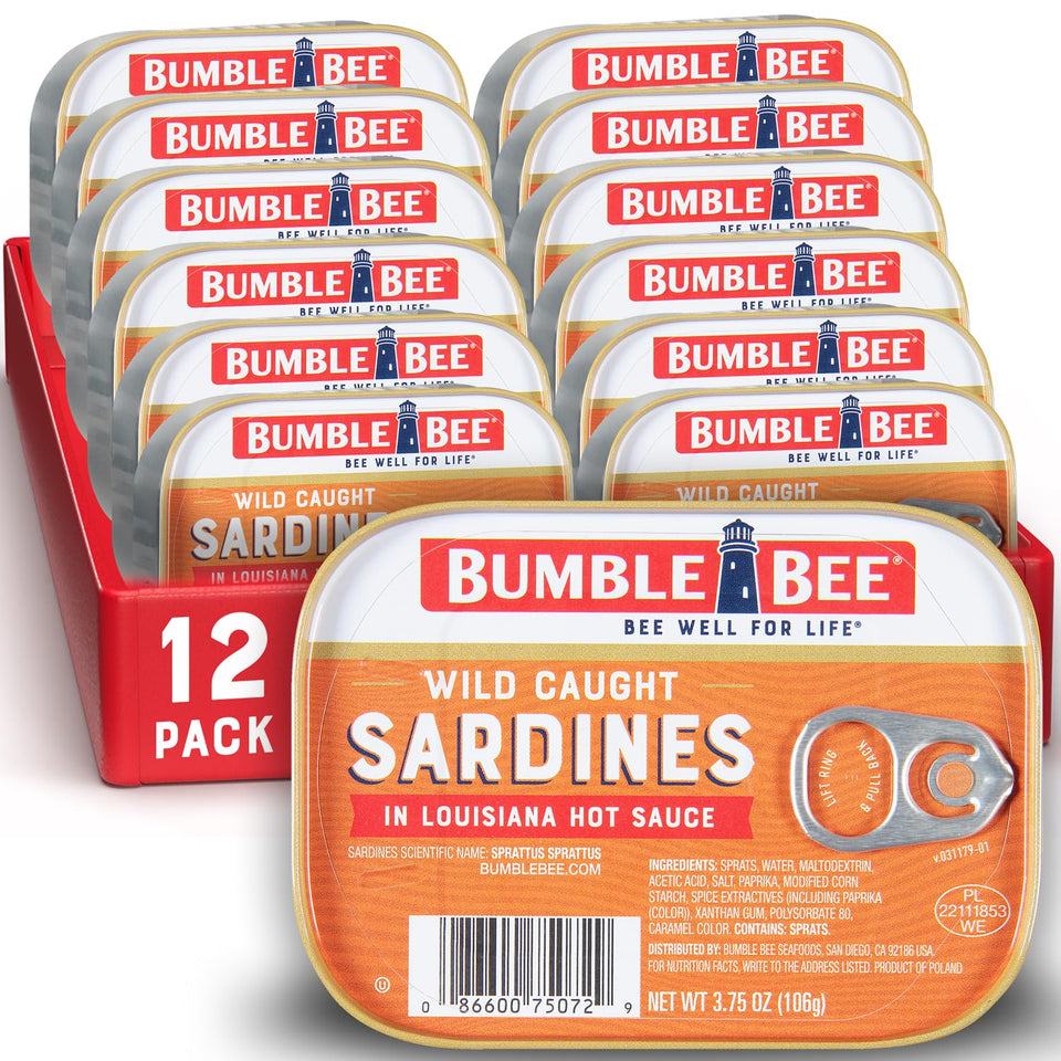 Bumble Bee Louisiana hot sauce sardines in a tin pack, pantry staple.