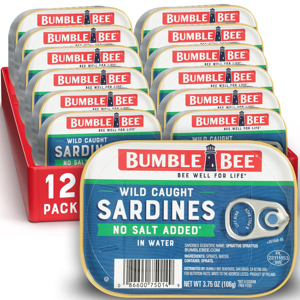 Bumble Bee sardines in water with no salt added, pack of 12, convenient protein for meals.
