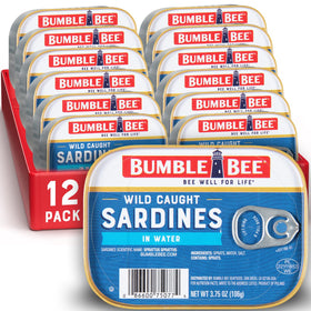 Bumble Bee sardines in water, 12-pack, convenient pantry protein.