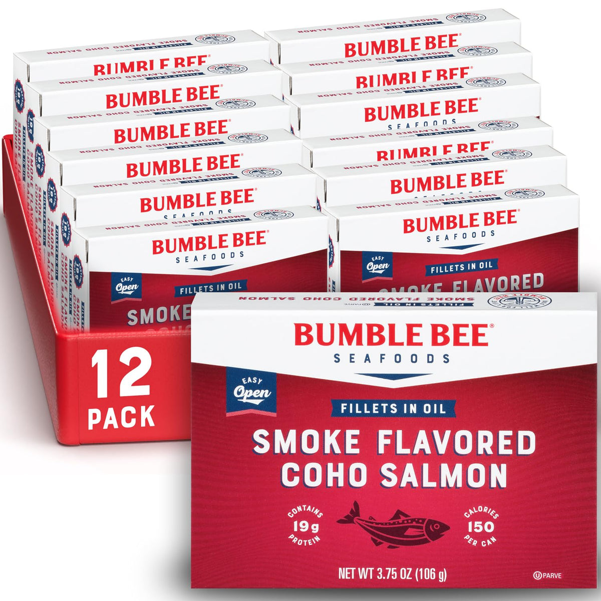 Bumble Bee smoke-flavored red Coho salmon fillets in oil pack close-up, protein-rich ready to enjoy.