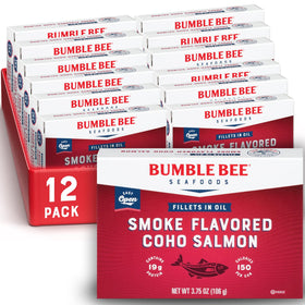 Bumble Bee smoke-flavored red Coho salmon fillets in oil pack close-up, protein-rich ready to enjoy.