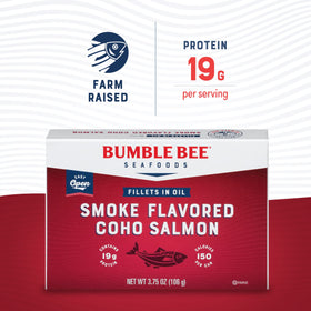Bumble Bee smoke-flavored red Coho salmon fillets on plate, versatile for snacks or meals.