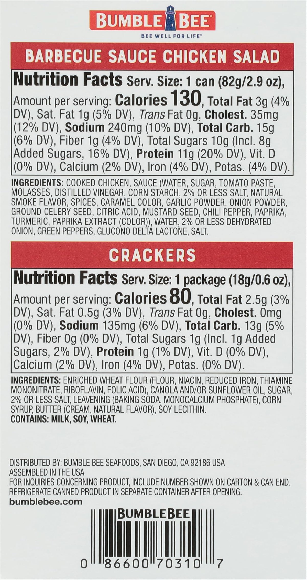 Six crackers accompany Bumble Bee salad for a complete bite