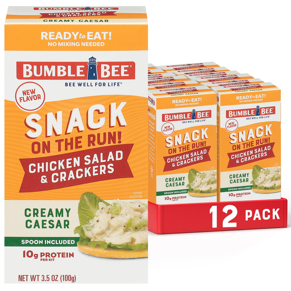 Bumble Bee Snack On The Run Caesar chicken salad with crackers in a 12-pack for busy days.