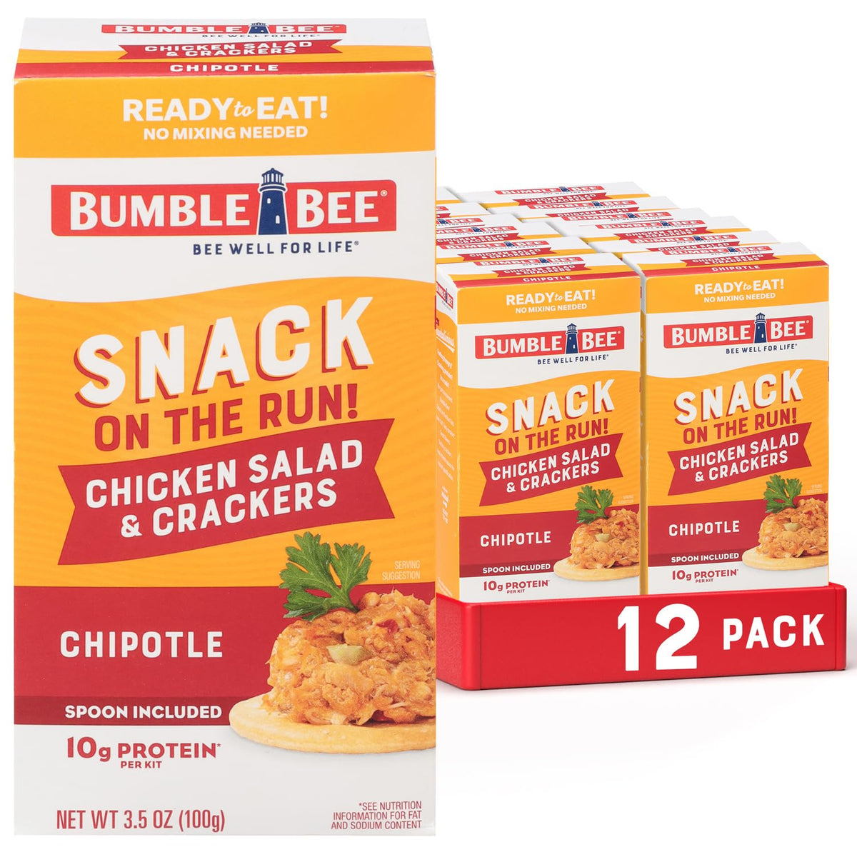 Bumble Bee Snack on the Run Chipotle Chicken Salad with crackers, ready-to-eat lunch on the go.