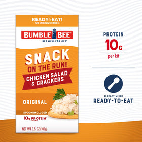 Bumble Bee Snack on the Run crackers and salad kit showing portable munch with ready-to-eat crunch.