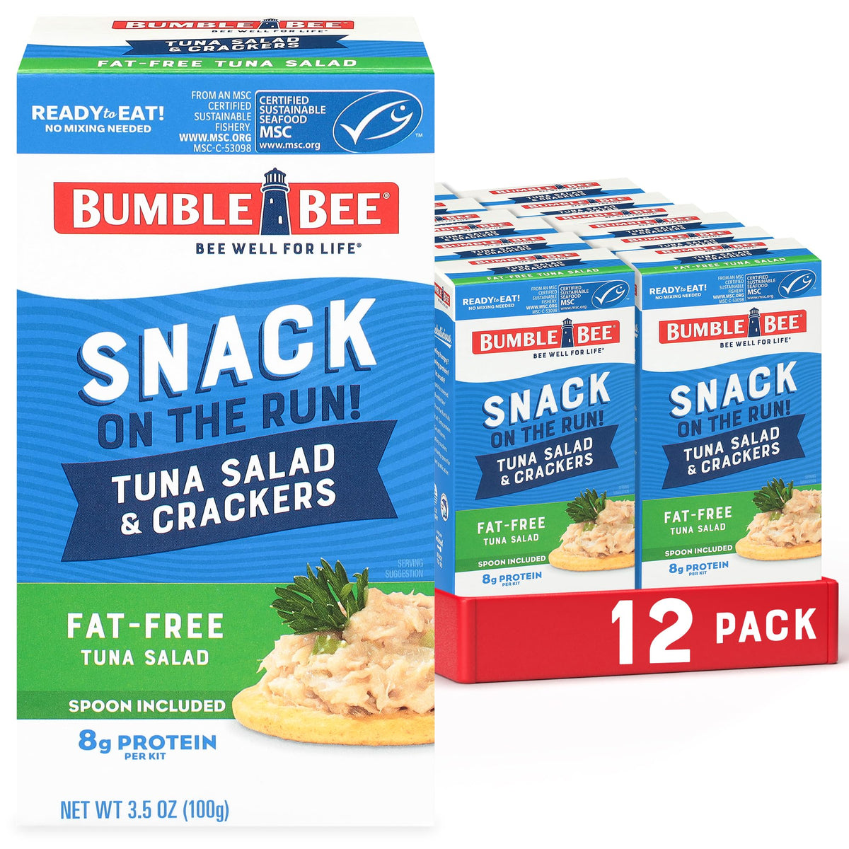 Bumble Bee Snack On The Run fat-free tuna salad with crackers, ready-to-eat on-the-go lunch option.