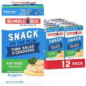 Bumble Bee Snack On The Run fat-free tuna salad with crackers, ready-to-eat on-the-go lunch option.