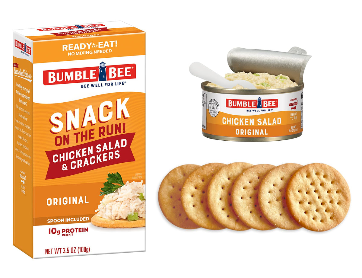 Bumble Bee Snack on the Run front pack image emphasizes shelf-stable convenience.