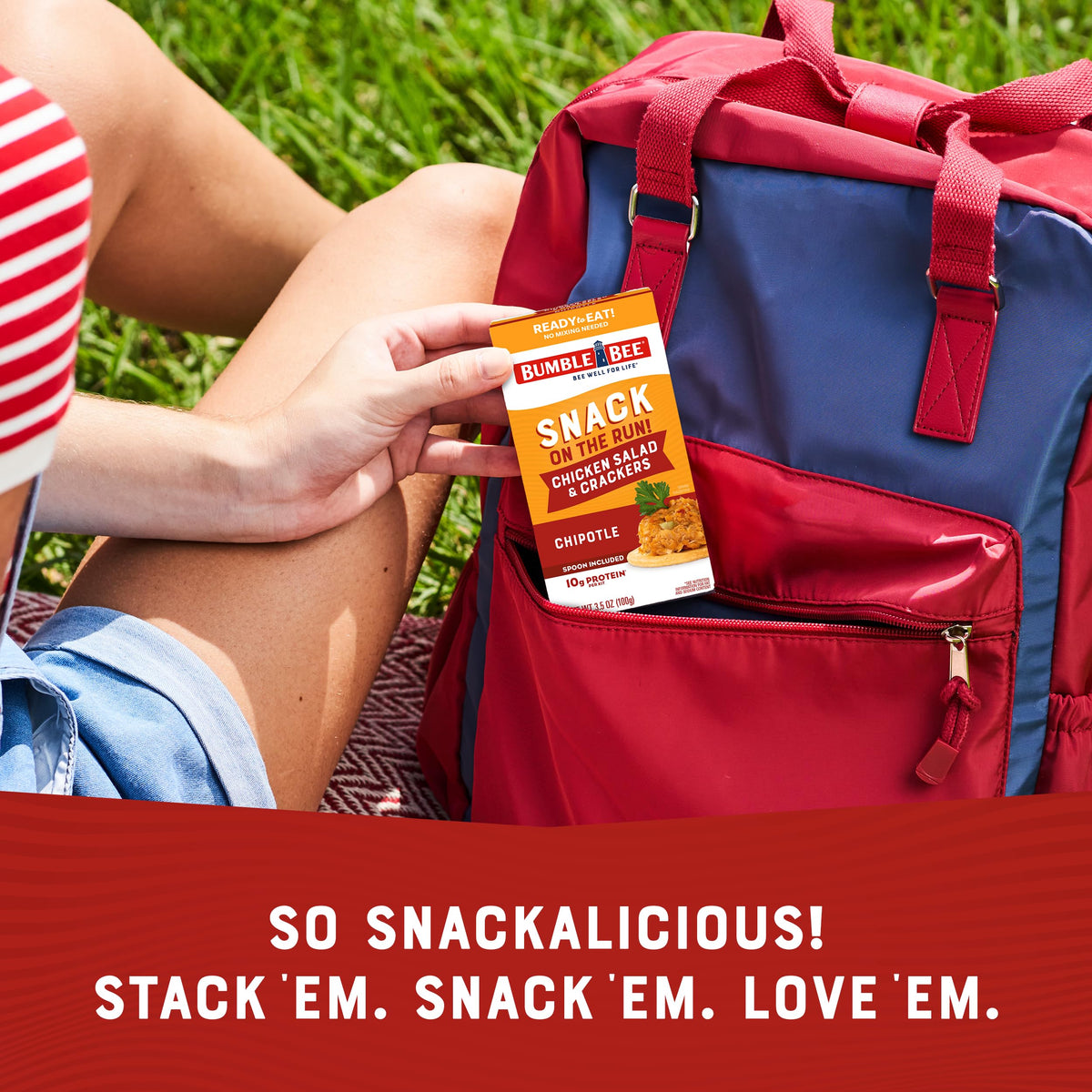 Packaging view of Bumble Bee Snack on the Run, shelf-stable design for easy storage.