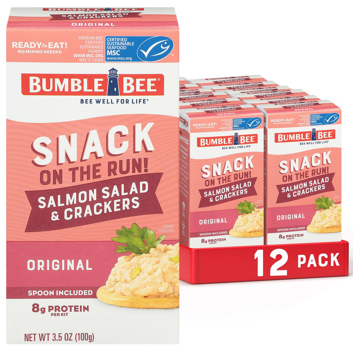 Bumble Bee Snack On The Run salmon salad with crackers — portable protein snack.