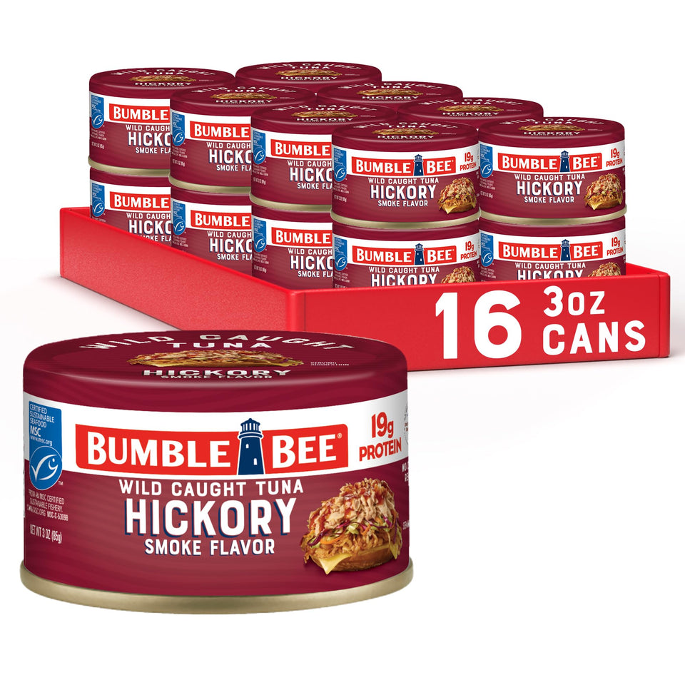 Bumble Bee Snackers Hickory Smoke Tuna can with smoky flavor and ready-to-eat convenience.