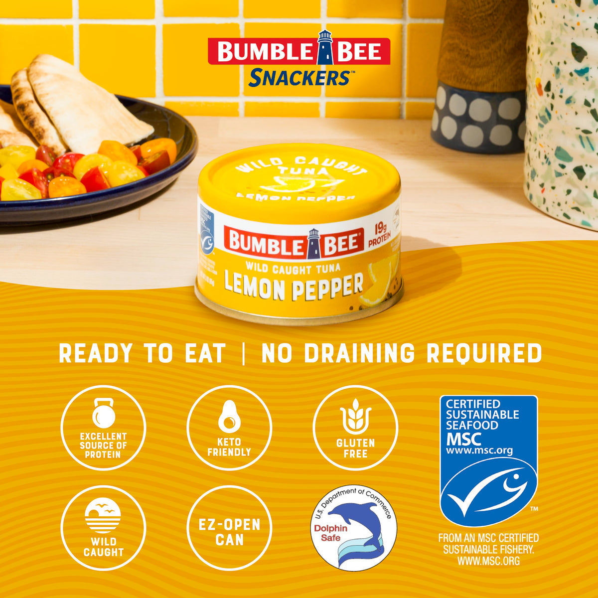 Bumble Bee Snackers Lemon Pepper served on a salad for protein boost.