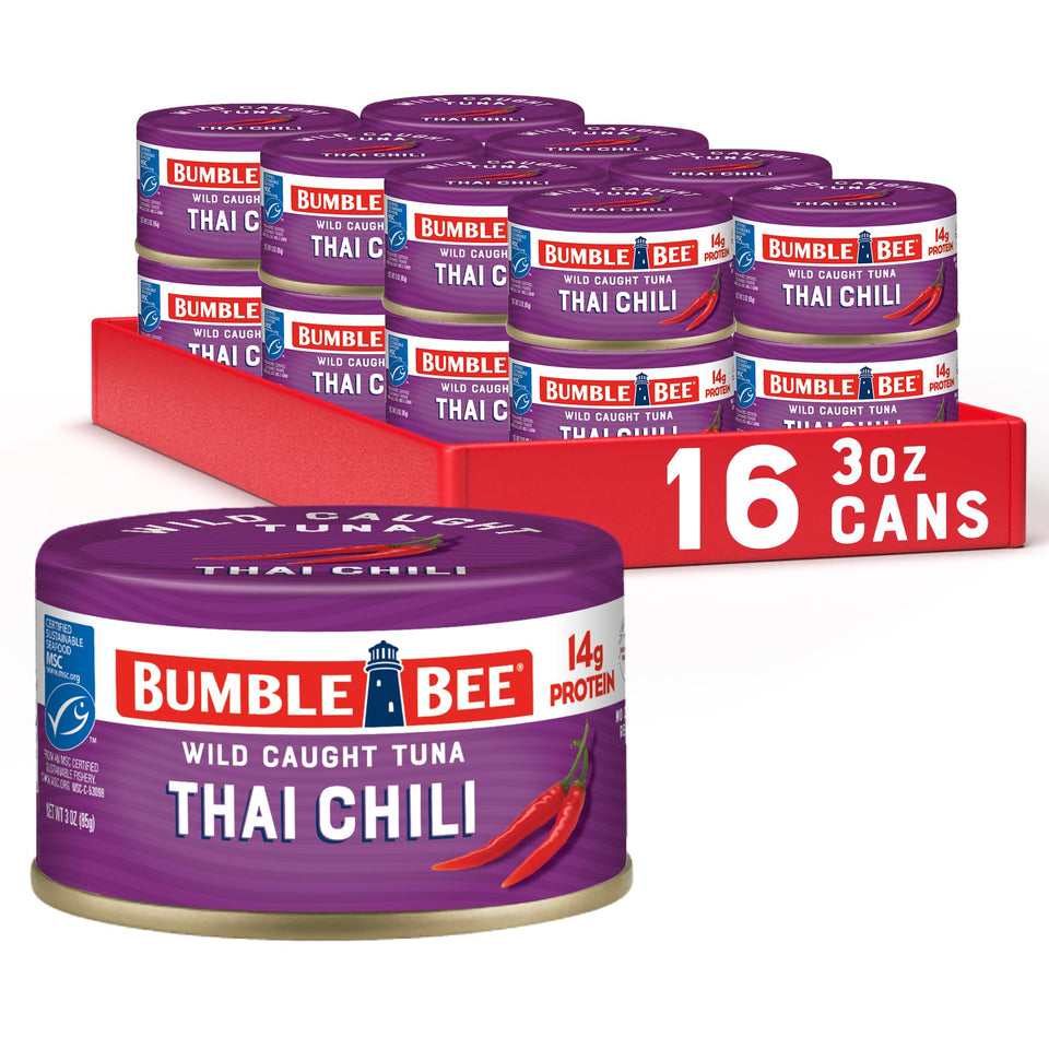 Bumble Bee Snackers Thai Chili can front, ready-to-eat protein snack.