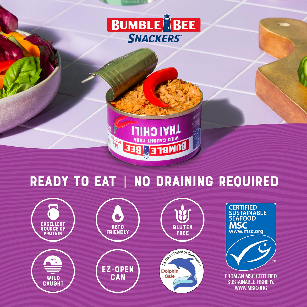 Tuna bowl with Bumble Bee Snackers Thai Chili ready for salad.