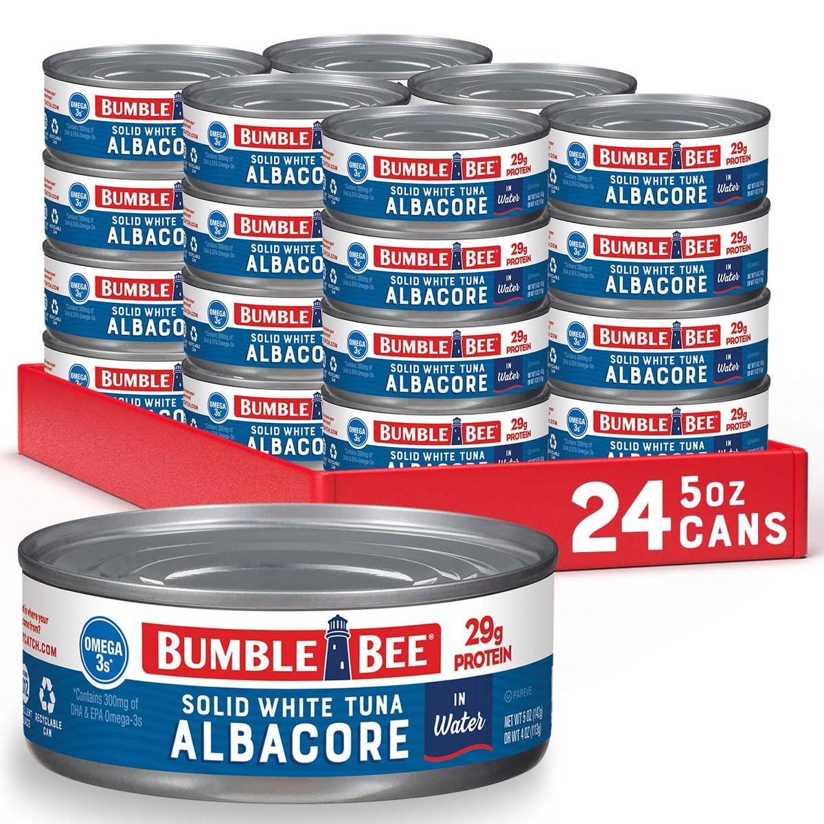 Bumble Bee solid white albacore tuna in water front view can for quick meals and protein
