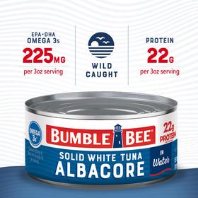Bumble Bee solid white albacore tuna in water firm pieces ideal for salads.