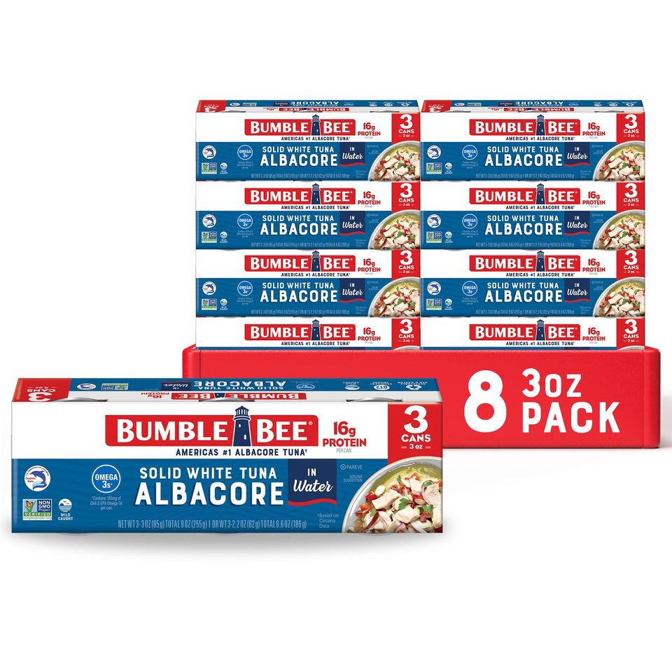 Bumble Bee solid white albacore tuna in water front label highlights convenient protein for quick meals.