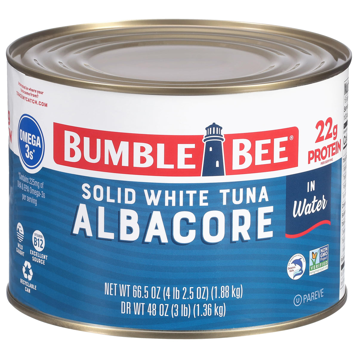 Bumble Bee solid white albacore tuna in water can, high-protein meal base.