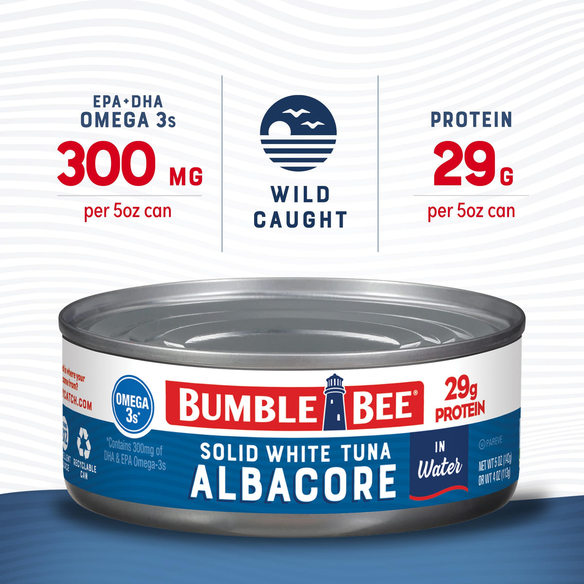 Bumble Bee tuna water label close-up, highlighting non-GMO and kosher certifications.