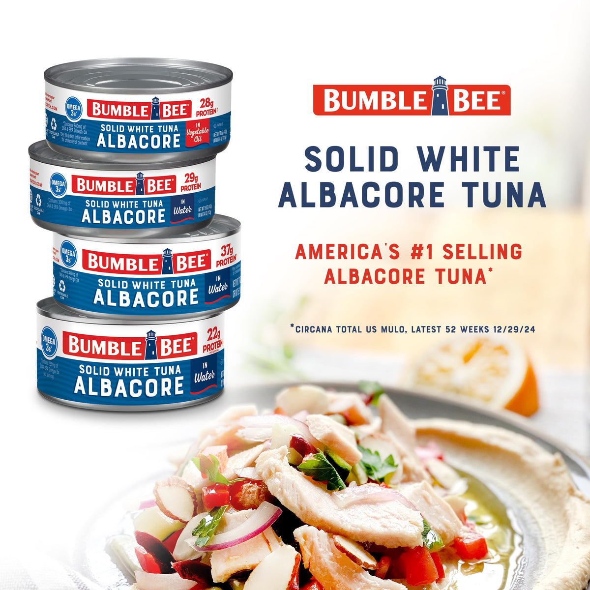 Bumble Bee tuna on pantry shelf, ready-to-use protein source.