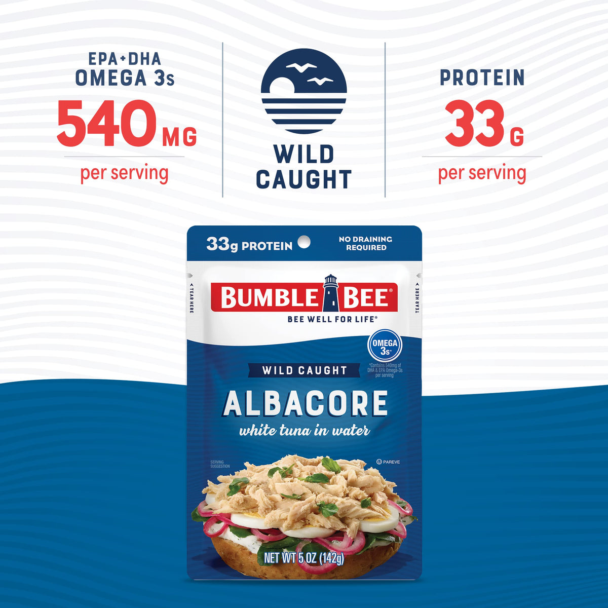 Bumble Bee tuna in water pouch with mild flavor and firm texture for salads.