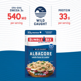 Bumble Bee tuna in water pouch with mild flavor and firm texture for salads.